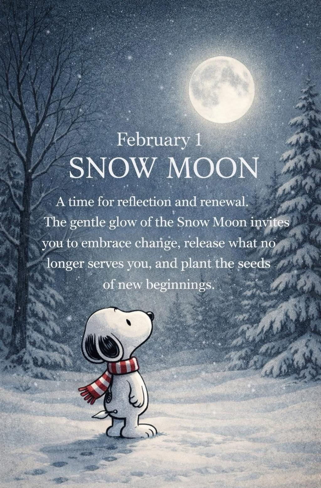 February 1
SNOW MOON
A time for reflection and renewal. The gentle glow of the Snow Moon invites you to embrace change, release what no longer serves you, and plant the seeds of new beginnings.