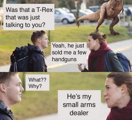 Was that a T Rex that was just H talking to you L Yeah he just sold me a few handguns Hes my small arms dealer