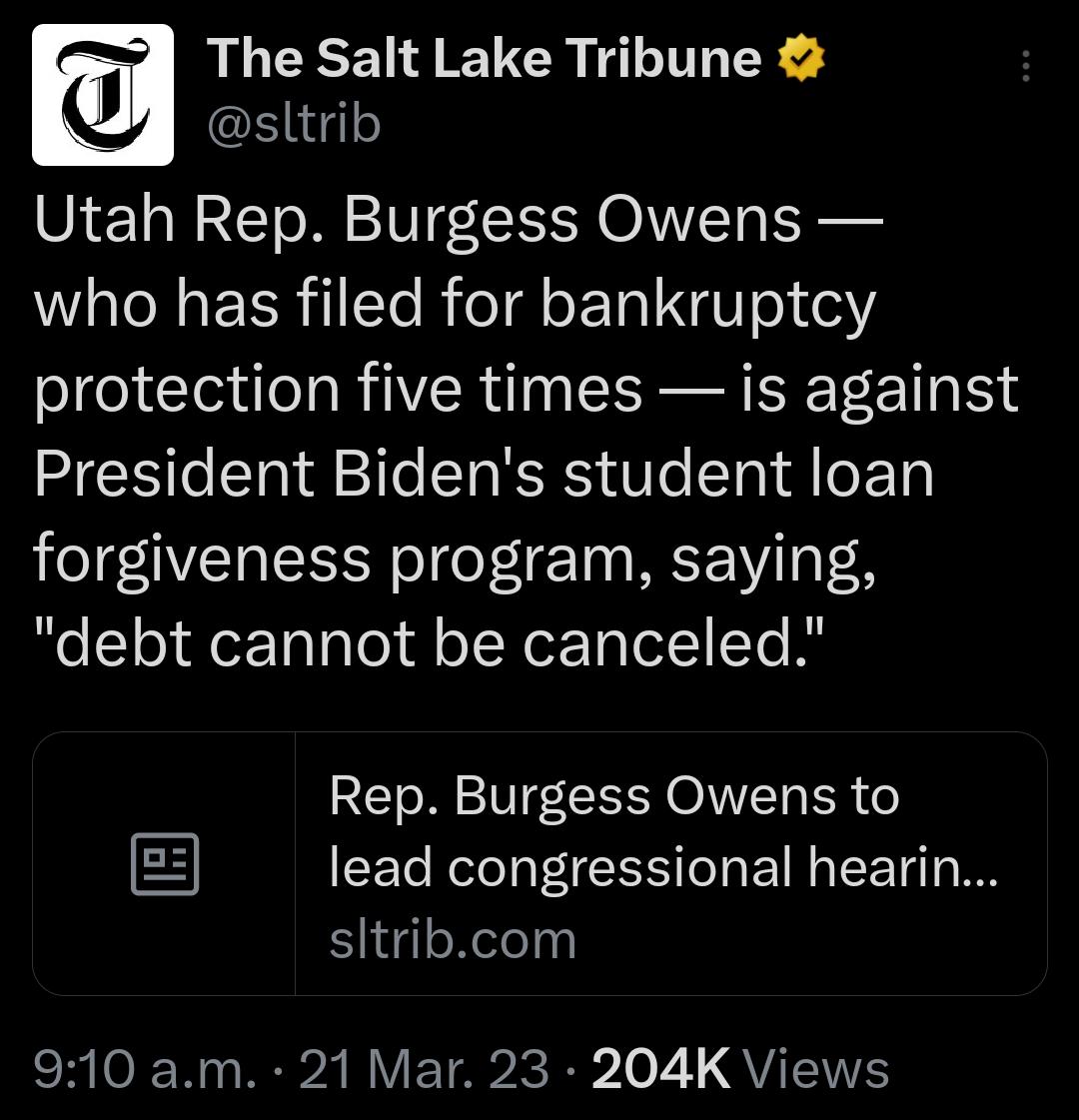PT RUCEENEUER I R b sltrib Utah Rep Burgess Owens who has filed for bankruptcy protection five times is against President Bidens student loan forgiveness program saying debt cannot be canceled Rep Burgess Owens to lead congressional hearin sltribcom R O Wy B BV E Tale b To Z QU