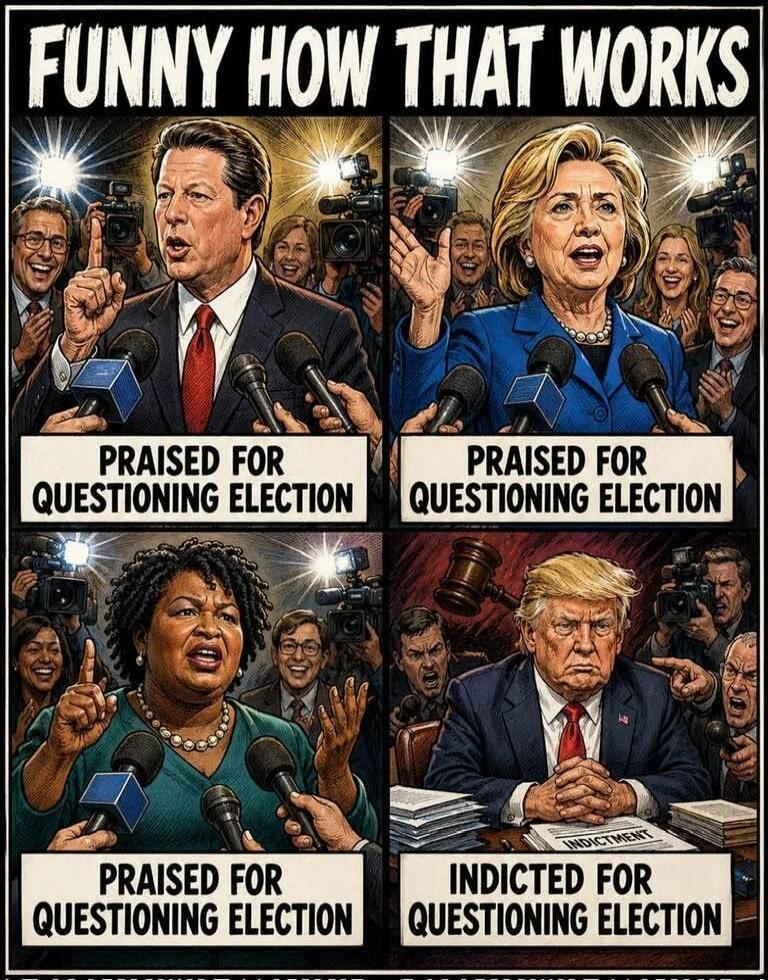 FUNNY HOW THAT WORKS. PRAISED FOR QUESTIONING ELECTION. INDICTED FOR QUESTIONING ELECTION. INDICTMENT.