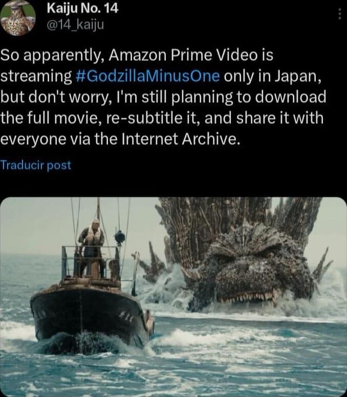 LENT R EY 14 _kaiju So apparently Amazon Prime Video is SUEET L EEeRHIEIIREOREY T AL FETEL N but dont worry Im still planning to download the full movie re subtitle it and share it with everyone via the Internet Archive Traducir post