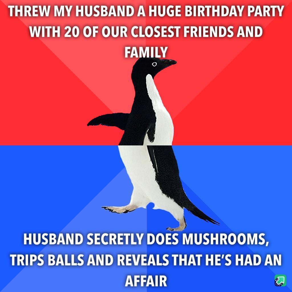THREW MY HUSBAND A HUGE BIRTHDAY PARTY WITH 20 OF OUR CLOSEST FRIENDS AND FAMILY e A HUSBAND SECRETLY DOES MUSHROOMS TRIPS BALLS AND REVEALS THAT HES HAD AN AFFAIR a