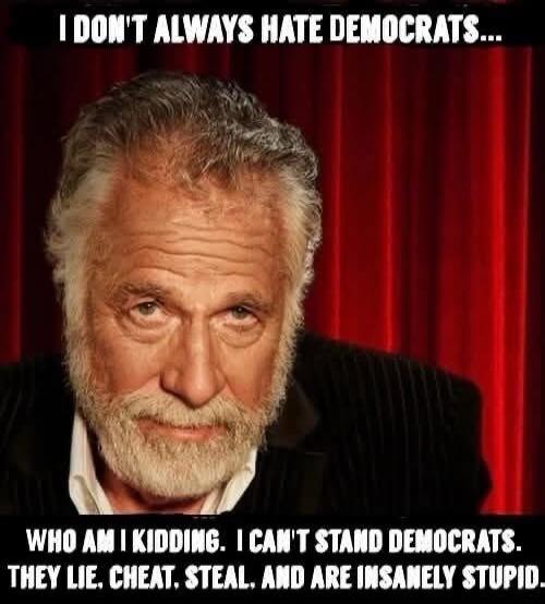 I DON'T ALWAYS HATE DEMOCRATS...
WHO AM I KIDDING. I CAN'T STAND DEMOCRATS. THEY LIE, CHEAT, STEAL, AND ARE INSANELY STUPID