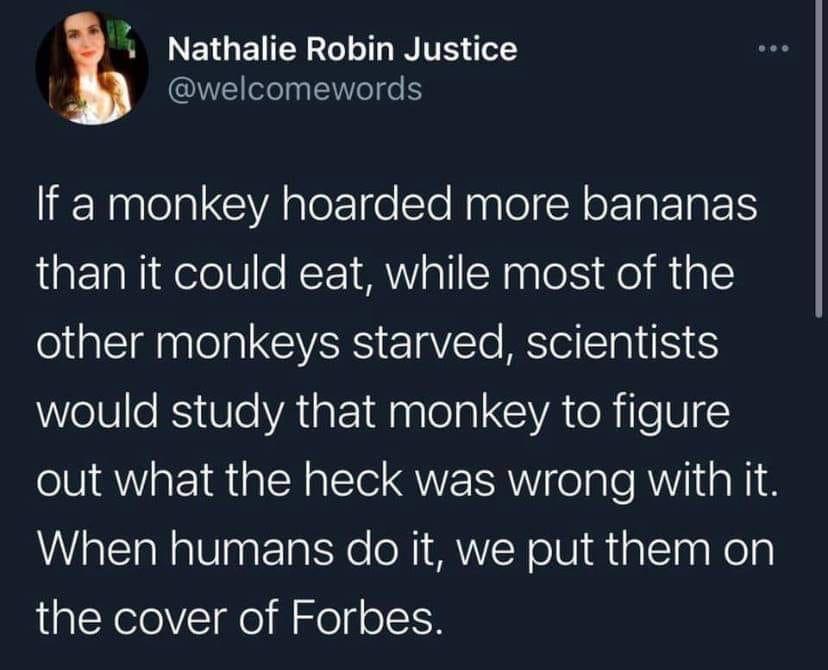 Nathalie Robin Justice QU elny N ege If a monkey hoarded more bananas than it could eat while most of the other monkeys starved scientists would study that monkey to figure out what the heck was wrong with it When humans do it we put them on the cover of Forbes