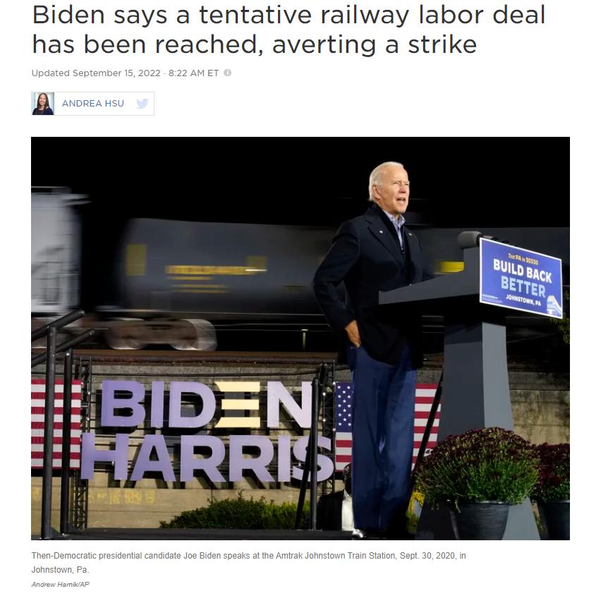 Biden says a tentative railway labor deal has been reached averting a strike a