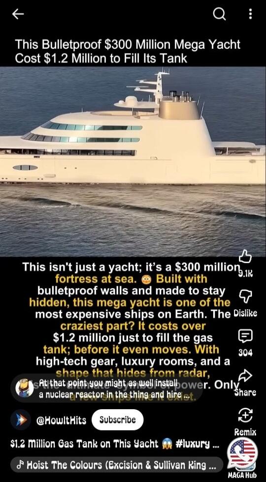 This Bulletproof $300 Million Mega Yacht Cost $1.2 Million to Fill Its Tank. This isn't just a yacht; it's a $300 million fortress at sea. Built with bulletproof walls and made to stay hidden, this mega yacht is one of the most expensive ships on Earth. The craziest part? It costs over $1.2 million just to fill the gas tank; before it even moves. W