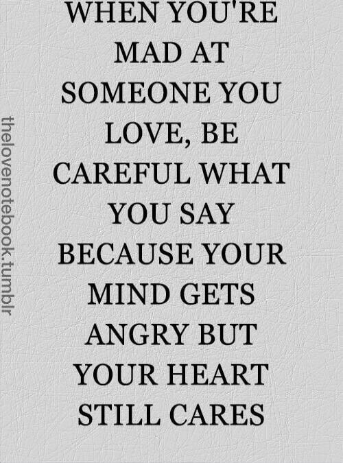 WHEN YOU'RE MAD AT SOMEONE YOU LOVE, BE CAREFUL WHAT YOU SAY BECAUSE YOUR MIND GETS ANGRY BUT YOUR HEART STILL CARES