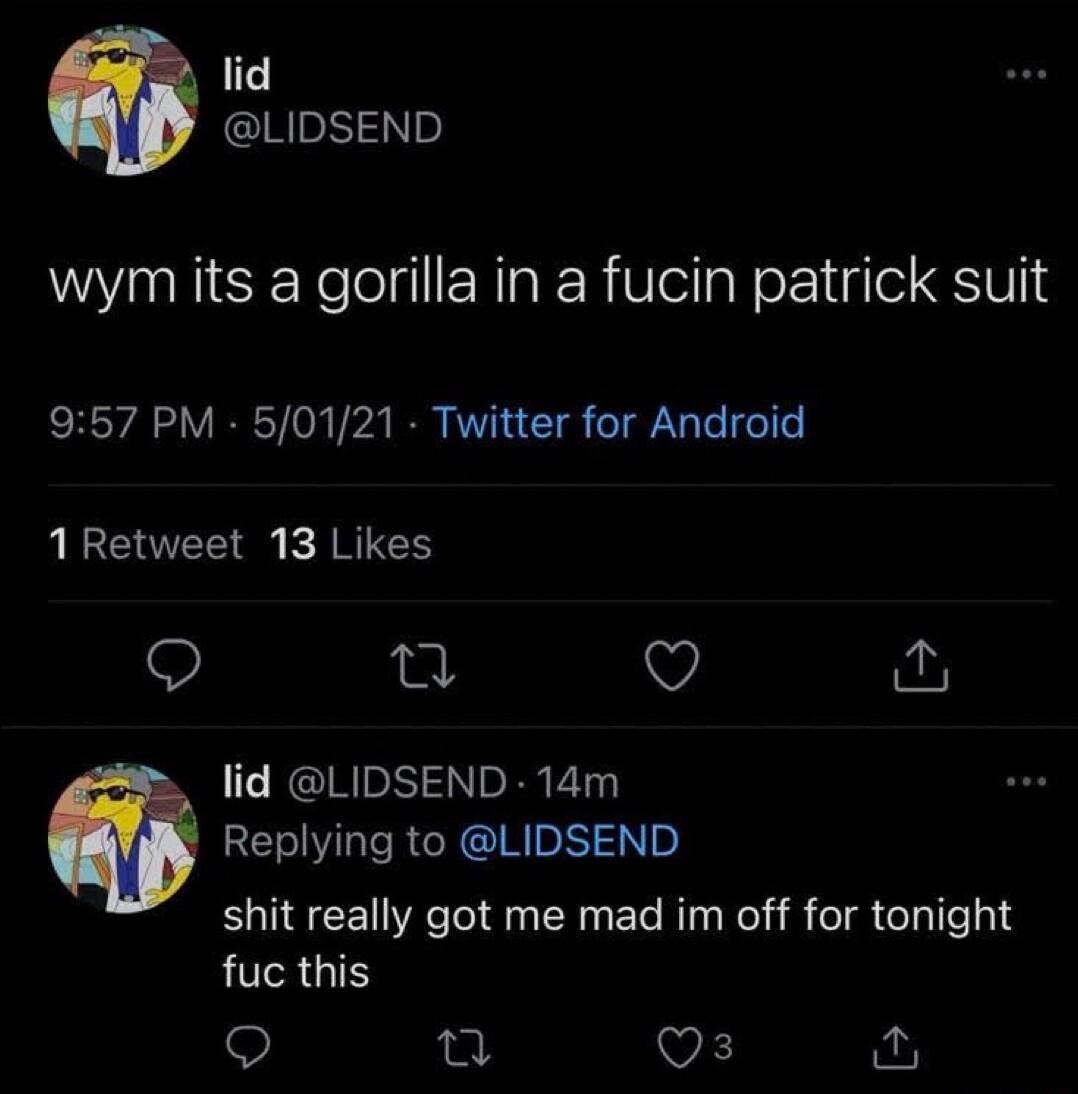 IT LIDSEND wym its a gorilla in a fucin patrick suit 957 PM 50121 Twitter for Android 1 Retweet 13 Likes o u v lid LIDSEND 14m Replying to LIDSEND shit really got me mad im off for tonight fuc this o 2 VE