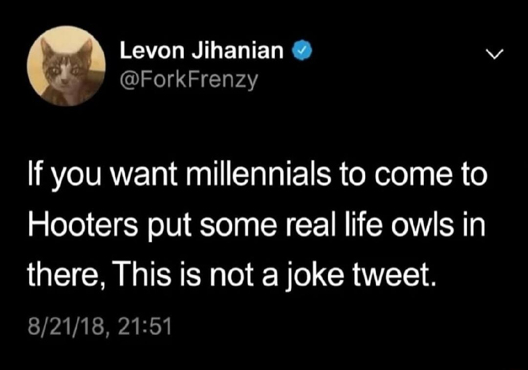If you want millennials to come to Hooters put some real life owls in there, This is not a joke tweet.