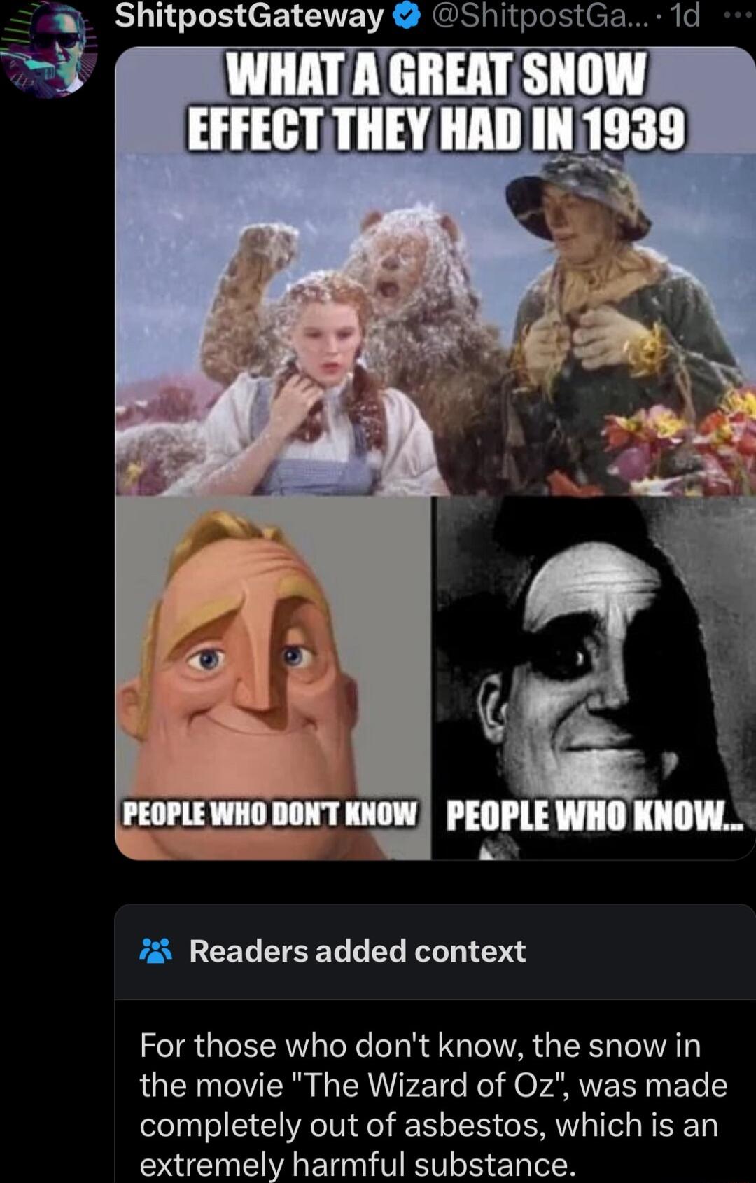 ShitpostGateway ShitpostGa 1d WHAT A GREATSNOW EFFECT THEY HAD IN1939 7 Readers added context For those who dont know the snow in the movie The Wizard of Oz was made completely out of asbestos which is an extremely harmful substance