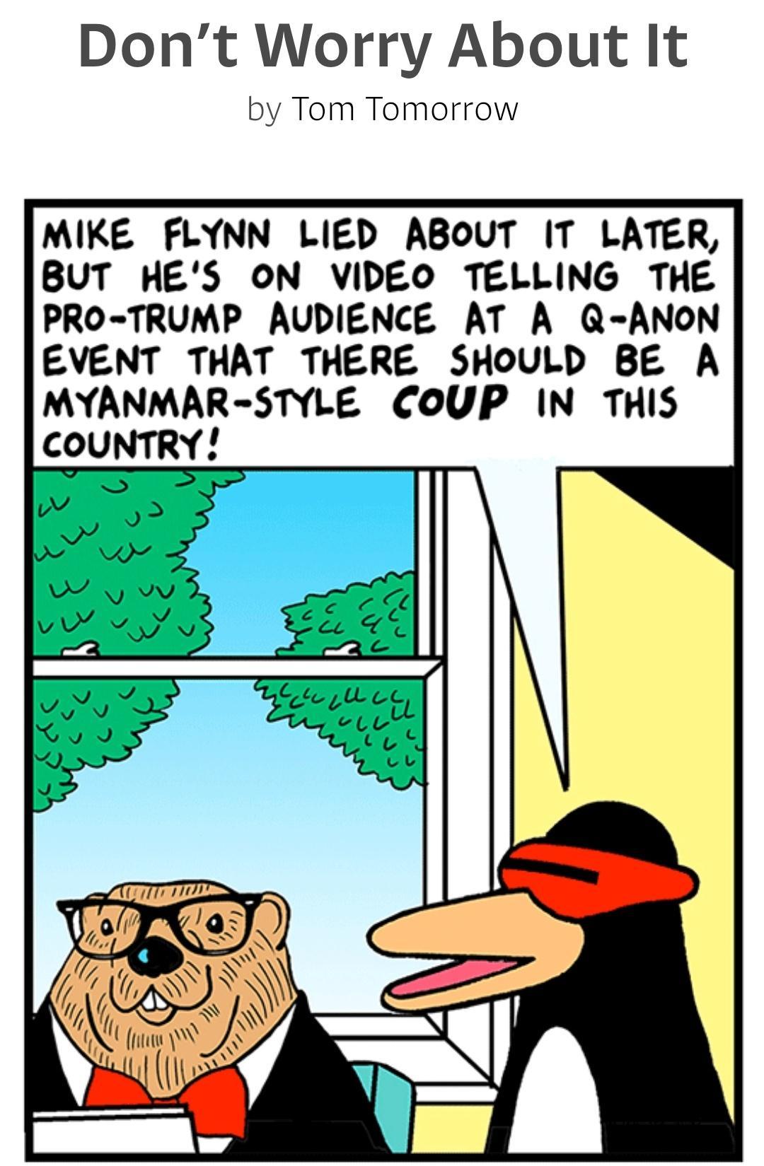 Dont Worry About It by Tom Tomorrow MIKE FLYNN LIED ABOUT IT LATER BUT HES ON VIDEO TELLING THE PRO TRUMP AUDIENCE AT A Q ANON EVENT THAT THERE SHOULD BE A MYANMAR STYLE COUP IN THIS