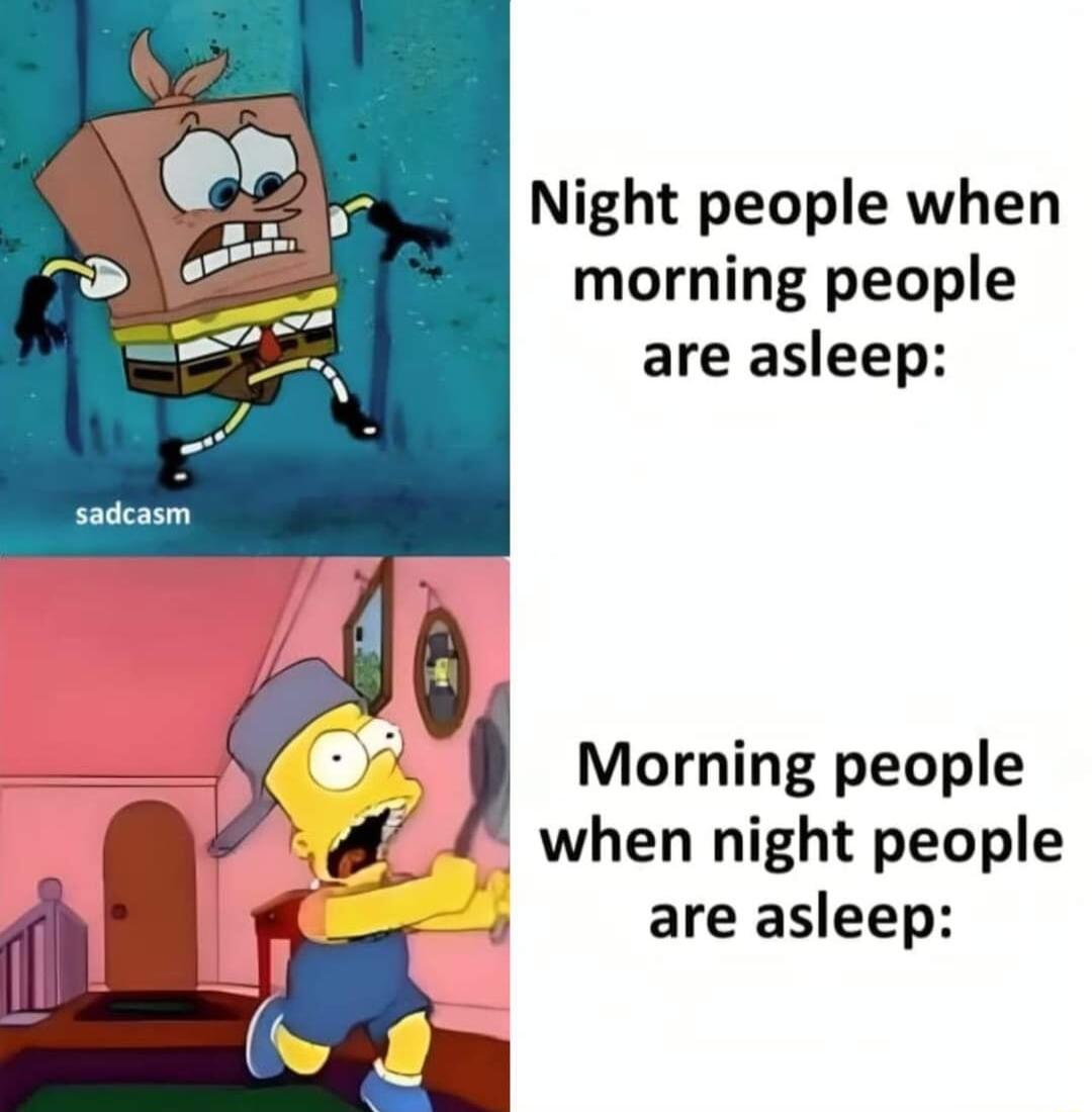 Night people when morning people are asleep Morning people when night people are asleep