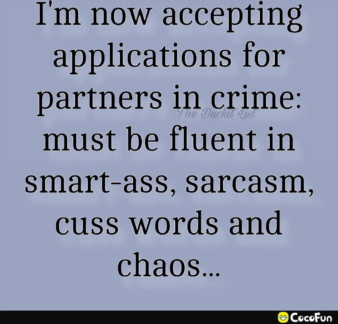 I'm now accepting applications for partners in crime: must be fluent in smart-ass, sarcasm, cuss words and chaos...