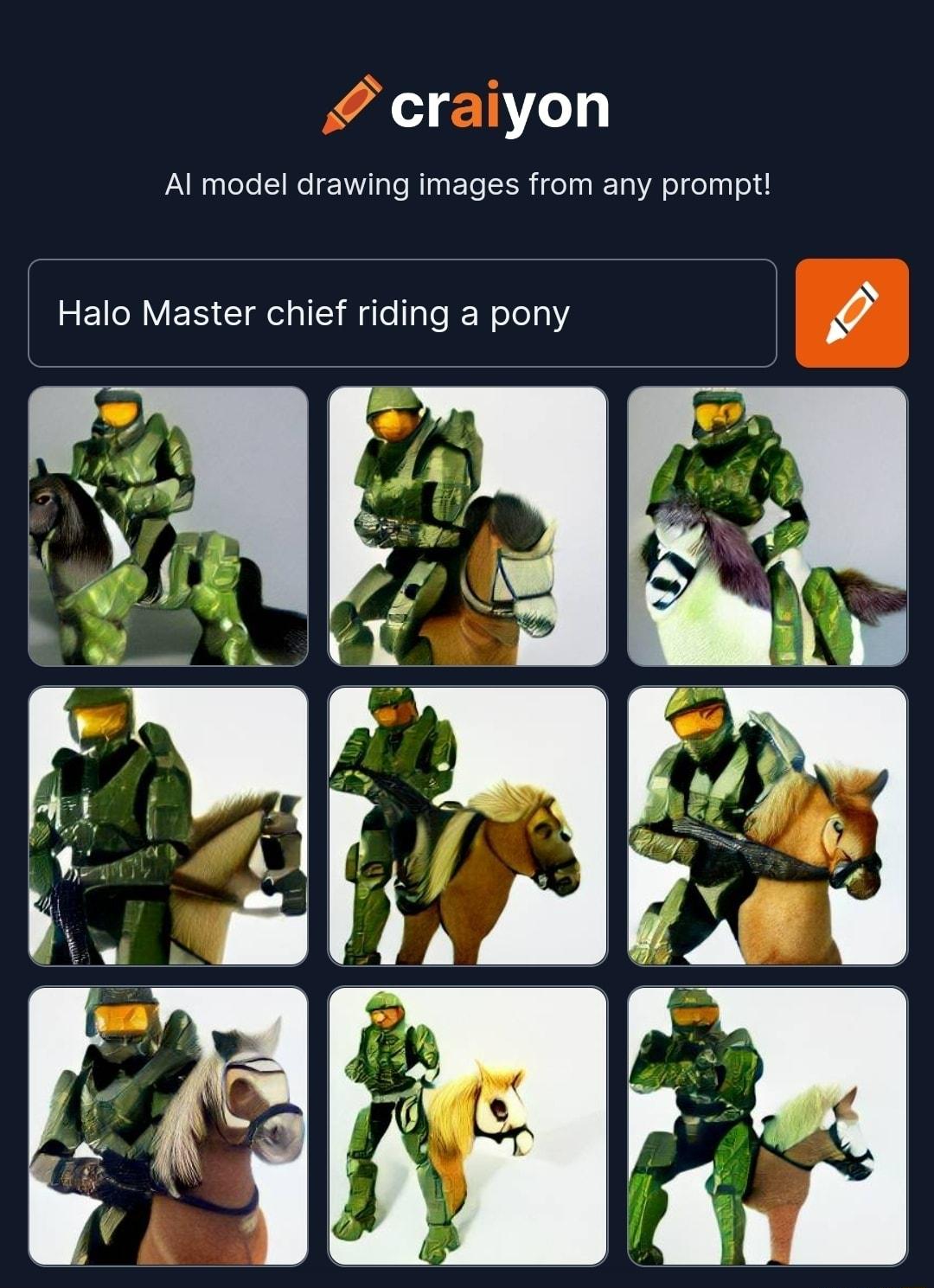 craiyon Al model drawing images from any prompt Halo Master chief riding a pony 0 1