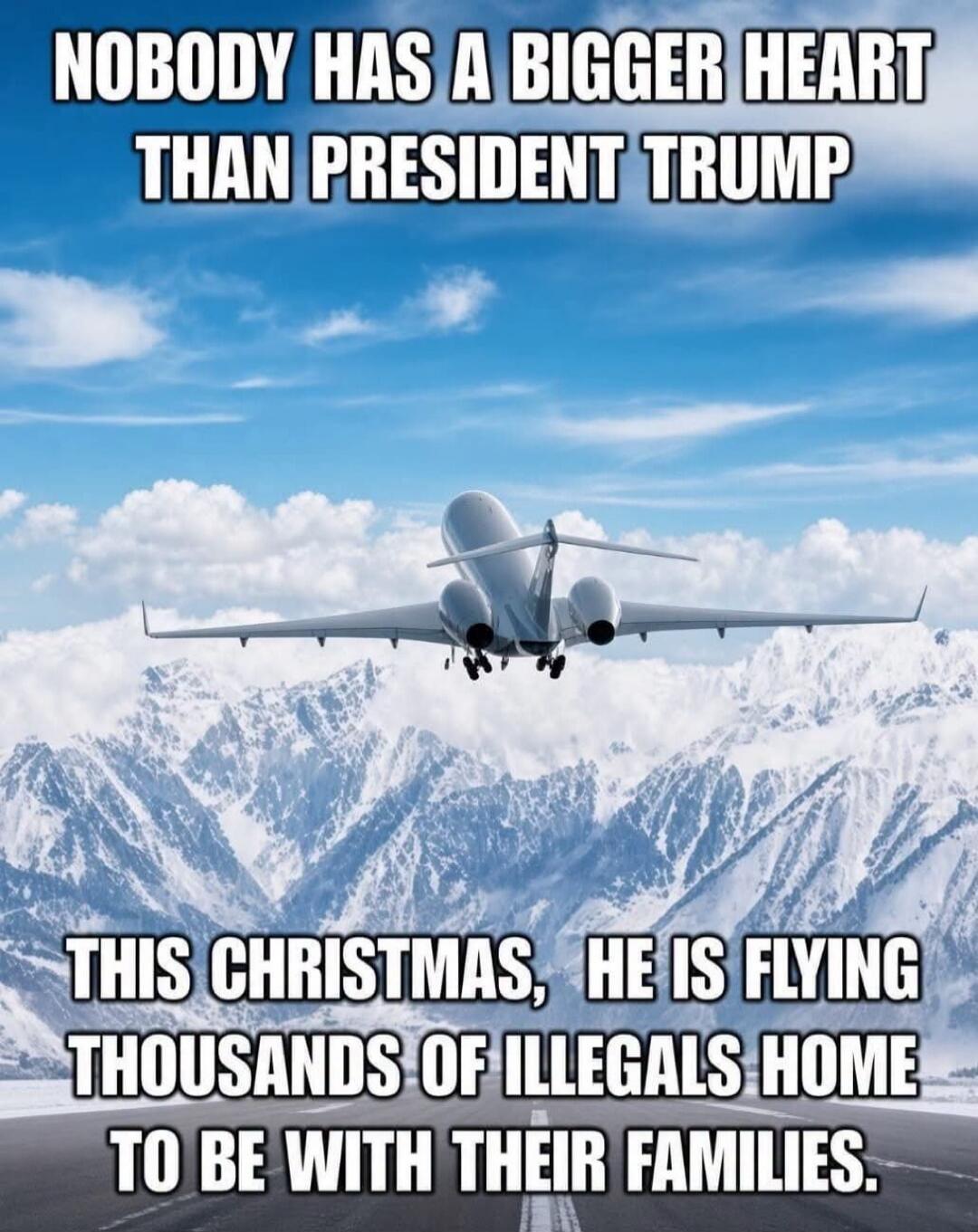 NOBODY HAS A BIGGER HEART THAN PRESIDENT TRUMP THIS CHRISTMAS, HE IS FLYING THOUSANDS OF ILLEGALS HOME TO BE WITH THEIR FAMILIES.