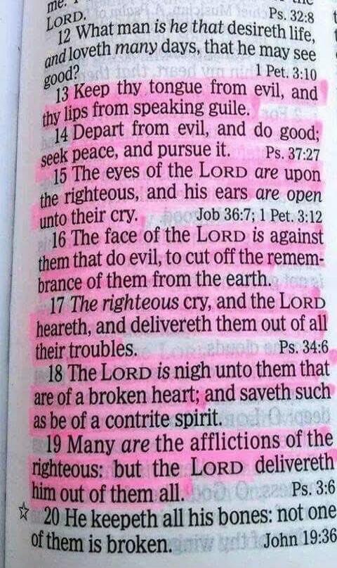 Keep thy tongue from evil, and thy lips from speaking guile. Depart from evil, and do good; seek peace, and pursue it. The eyes of the LORD are upon the righteous, and his ears are open unto their cry. The face of the LORD is against them that do evil, to cut off the remembrance of them from the earth. The righteous cry, and the LORD heareth, and d