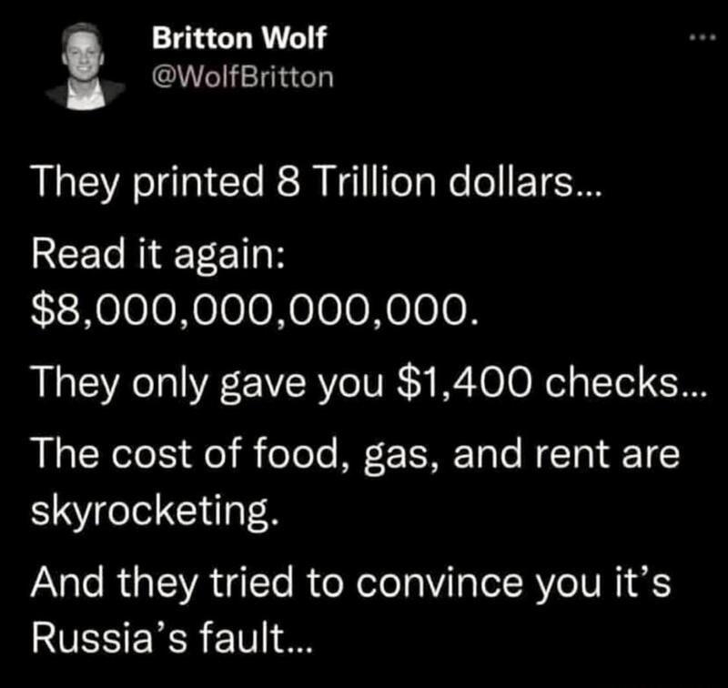 Britton Wolf WolfBritton They printed 8 Trillion dollars RCET NI E T F1 oK LcNeloloNeloeNoelooNoleo They only gave you 1400 checks Rl alR ool qe il ooo MF F TISME Talo MTo 1 2 skyrocketing Vil RaT IVA g 1To R e WololaViaTol RY oIV I Russias fault