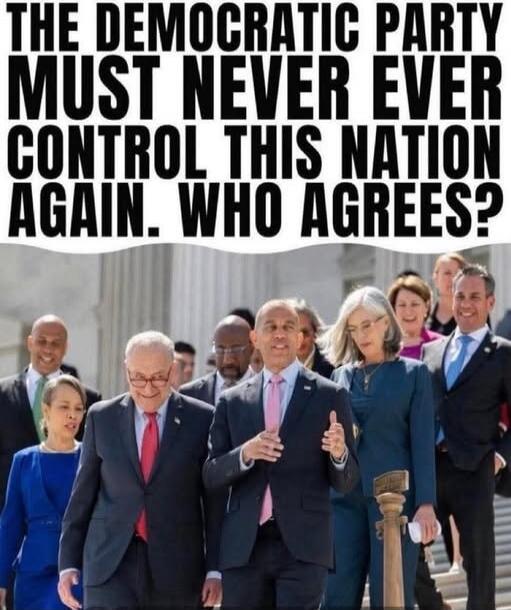 THE DEMOCRATIC PARTY MUST NEVER EVER CONTROL THIS NATION AGAIN. WHO AGREES?