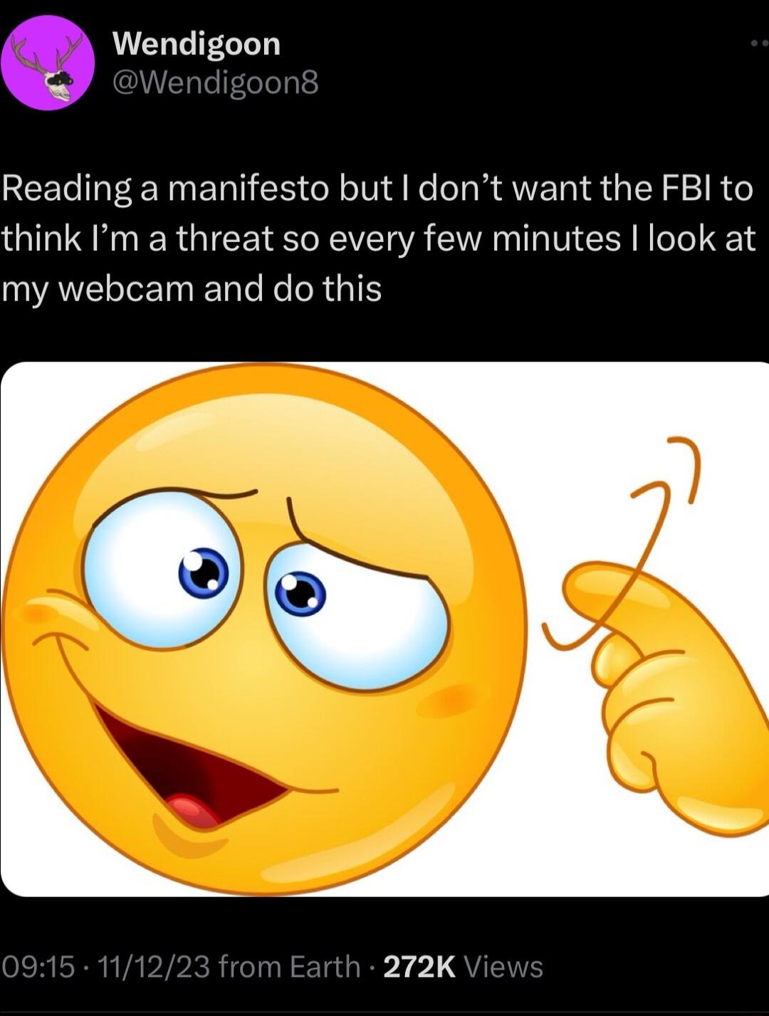 e Wendigoon Reading a manifesto but dont want the FBI to think Im a threat so every few minutes look at VAT T e e oRTATEY 272K