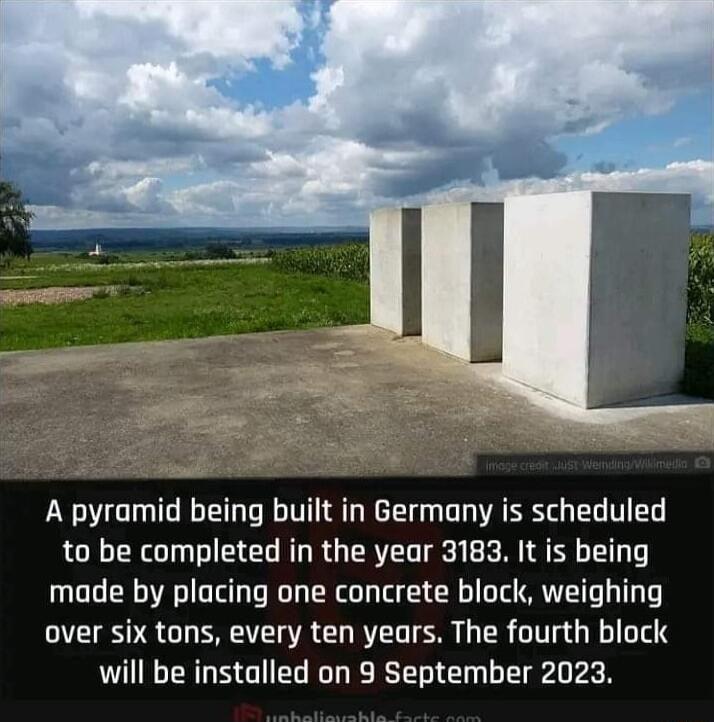 A pyramid being built in Germany is scheduled to be completed in the year 3183 It is being made by placing one concrete block weighing over six tons every ten years The fourth block will be installed on 9 September 2023