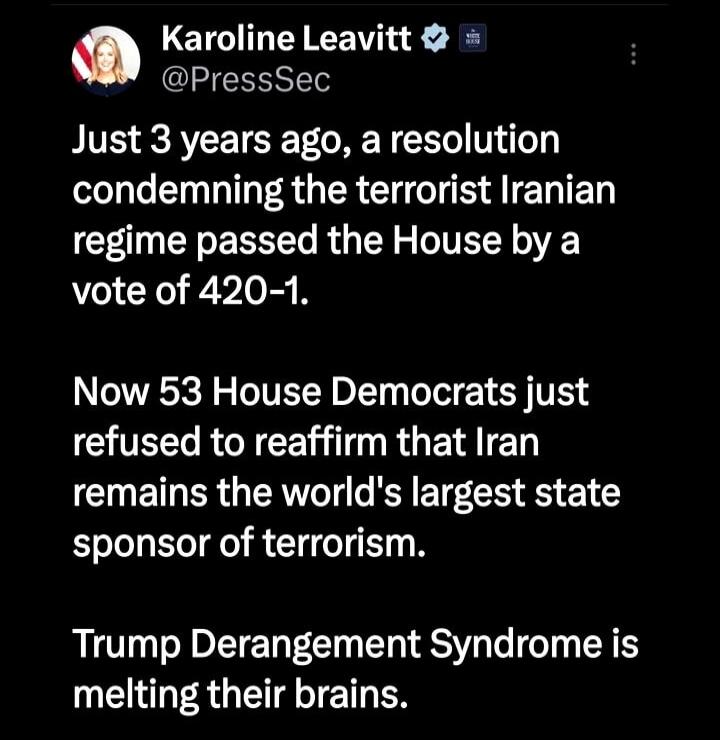 Just 3 years ago, a resolution condemning the terrorist Iranian regime passed the House by a vote of 420-1. Now 53 House Democrats just refused to reaffirm that Iran remains the world's largest state sponsor of terrorism. Trump Derangement Syndrome is melting their brains.