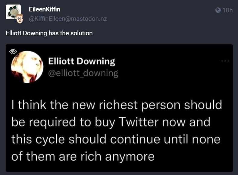 a Eileenkiffin L Ellott Downing has the solution Elliott Downing think the new richest person should be required to buy Twitter now and this cycle should continue until none of them are rich anymore