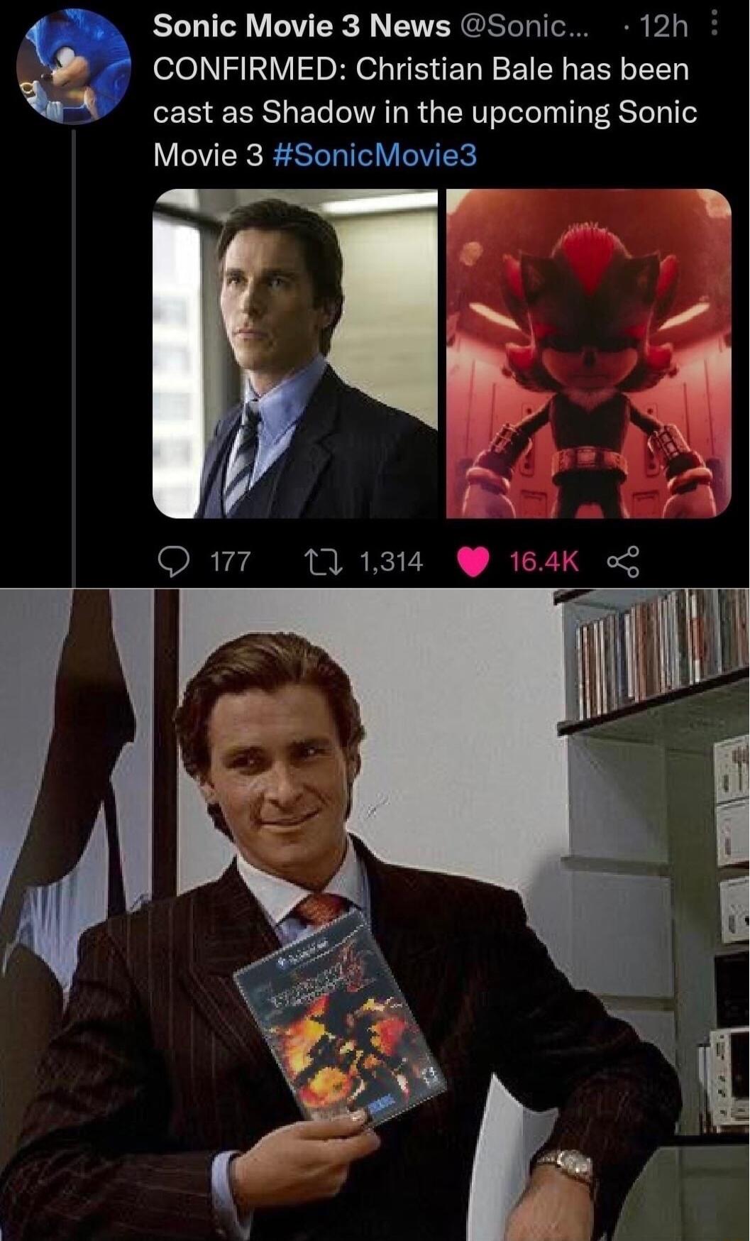 Sonic Movie 3 News Sonic 12h 3 CONFIRMED Christian Bale has been cast as Shadow in the upcoming Sonic Movie 3 SonicMovie3