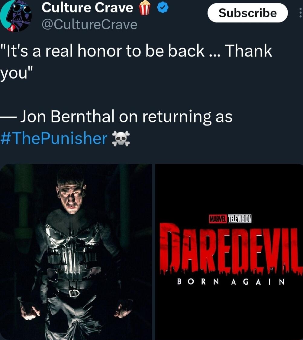 Culture Crave CultureCrave Its a real honor to be back Thank you Jon Bernthal on returning as ThePunisher 3 BORN AGAIN A ARV