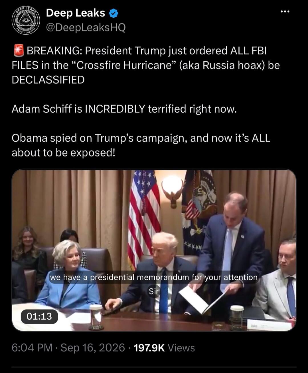 BREAKING: President Trump just ordered ALL FBI FILES in the “Crossfire Hurricane” (aka Russia hoax) be DECLASSIFIED. Adam Schiff is INCREDIBLY terrified right now. Obama spied on Trump’s campaign, and now it’s ALL about to be exposed! We have a presidential memorandum for your attention, Sir.
