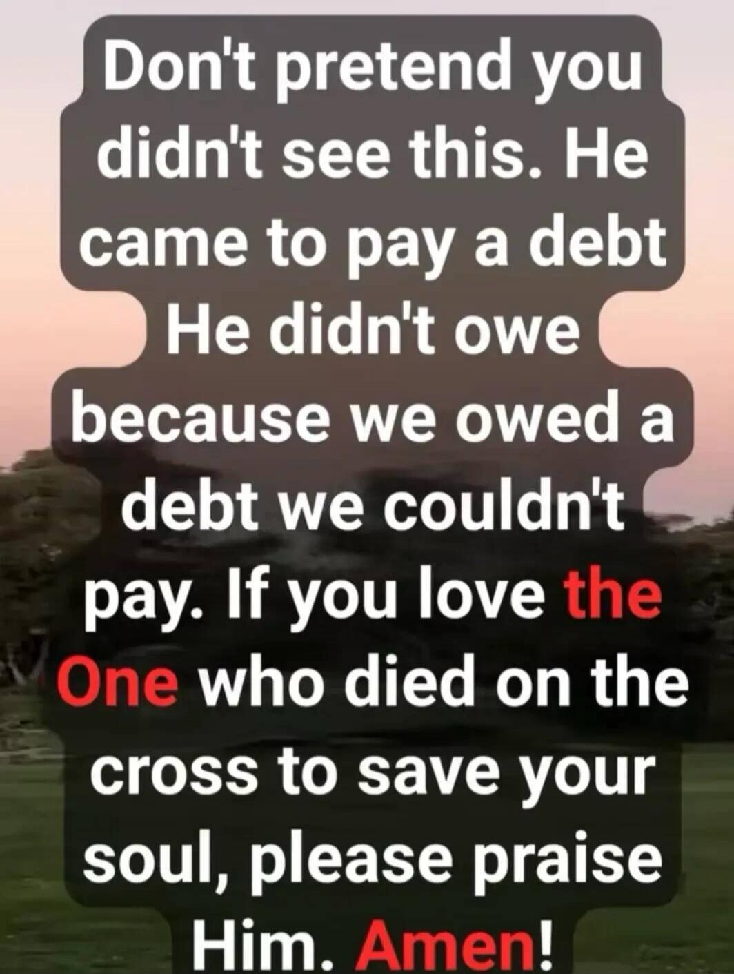 Don't pretend you didn't see this. He came to pay a debt He didn't owe because we owed a debt we couldn't pay. If you love the One who died on the cross to save your soul, please praise Him. Amen!