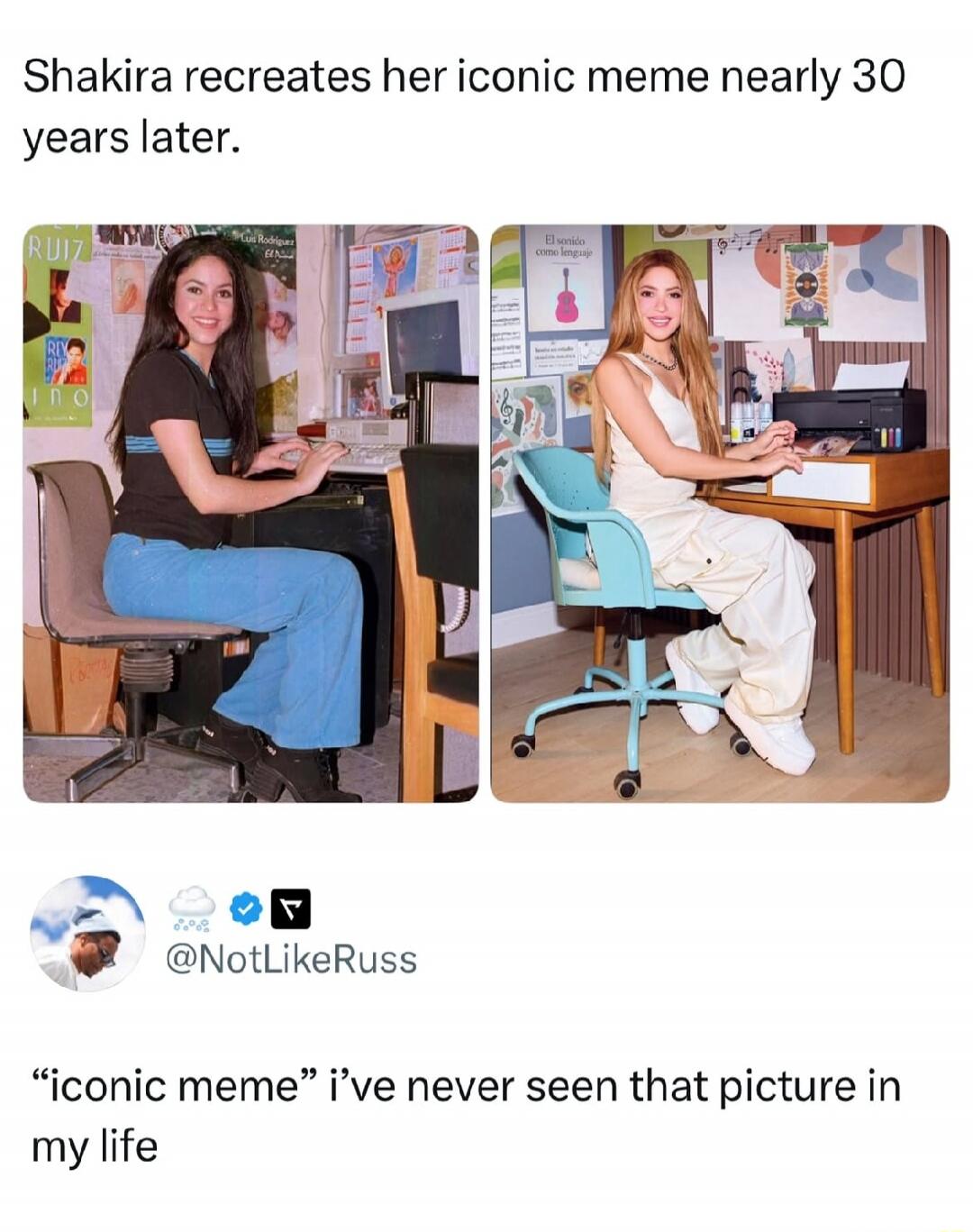Shakira recreates her iconic meme nearly 30 years later. “iconic meme” i’ve never seen that picture in my life