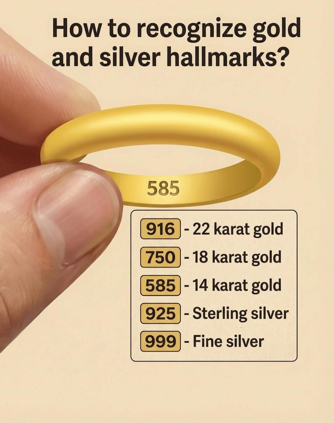 How to recognize gold and silver hallmarks?
585
916 - 22 karat gold
750 - 18 karat gold
585 - 14 karat gold
925 - Sterling silver
999 - Fine silver