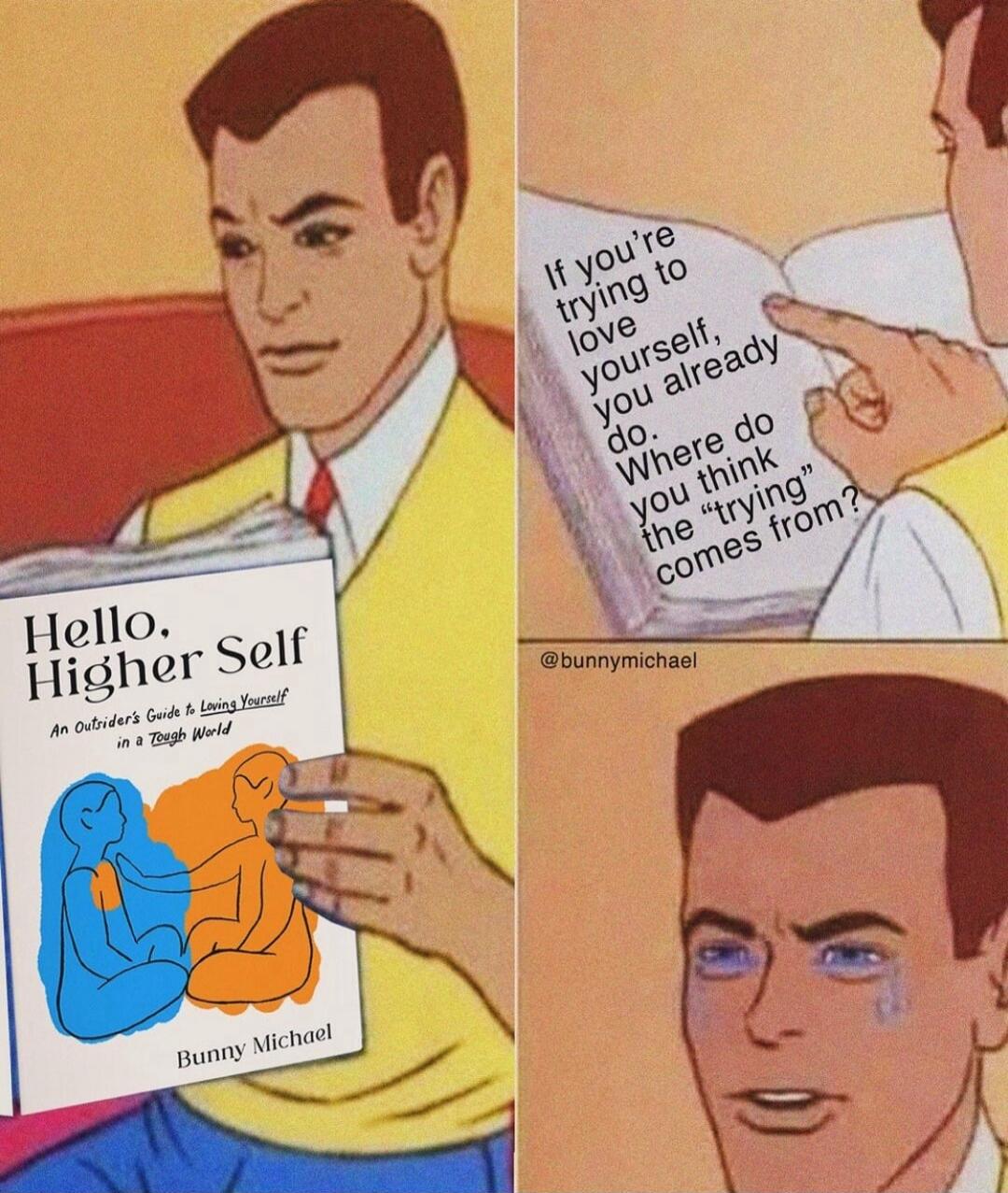 Hello. Higher Self. An Outsider's Guide to Loving Yourself in a Tough World. If you're trying to love yourself, you already do. Where do you think the 