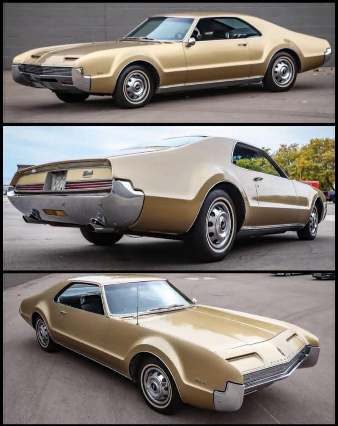 A classic gold Oldsmobile Toronado car is shown from multiple angles. The car has a distinctive design with hidden headlights and a long hood. The images capture the front, rear, and side profiles of the vehicle, highlighting its vintage aesthetic and chrome details.