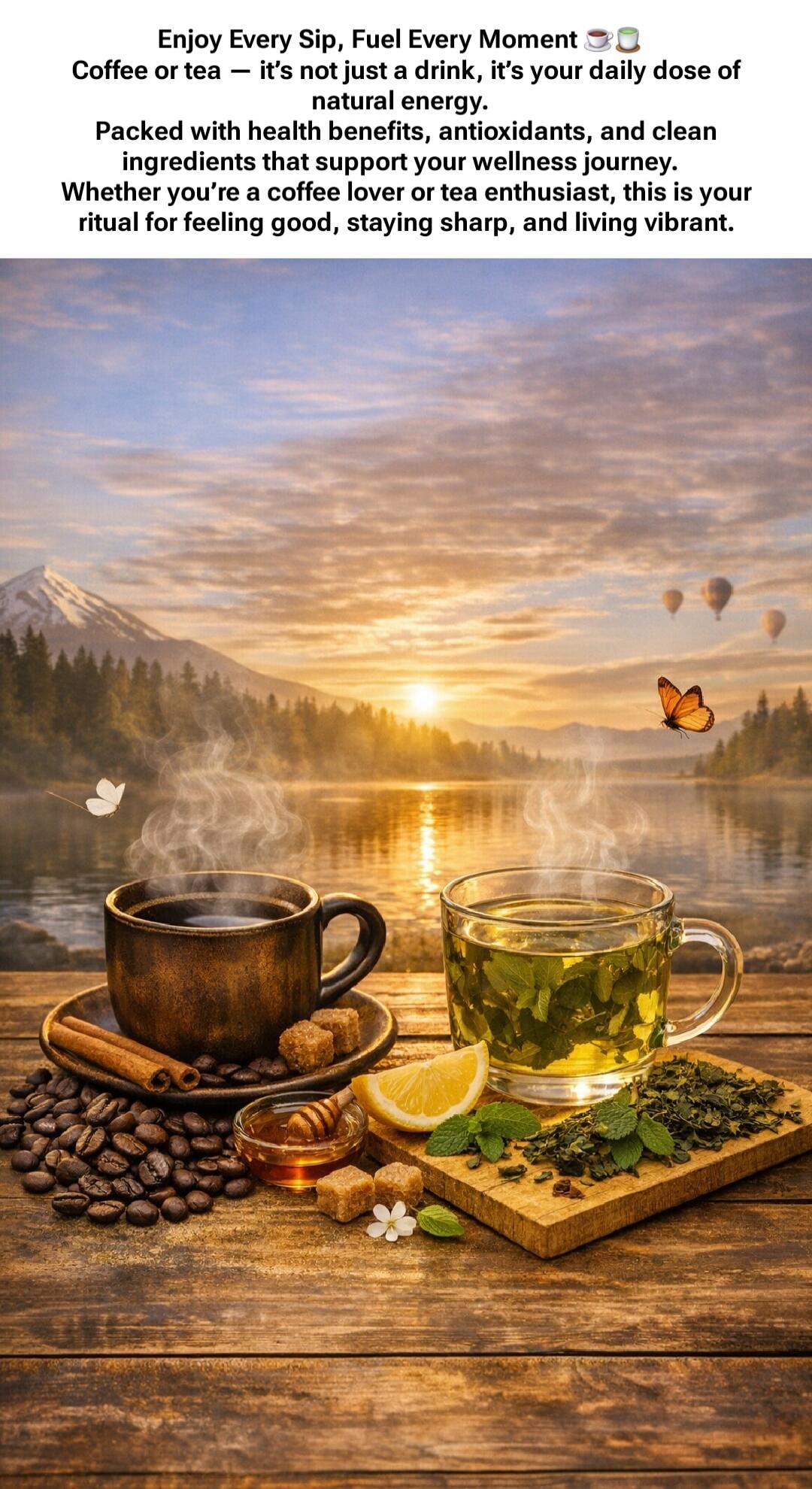 Enjoy Every Sip, Fuel Every Moment ☕🍵 Coffee or tea — it's not just a drink, it's your daily dose of natural energy. Packed with health benefits, antioxidants, and clean ingredients that support your wellness journey. Whether you're a coffee lover or tea enthusiast, this is your ritual for feeling good, staying sharp, and living vibrant.