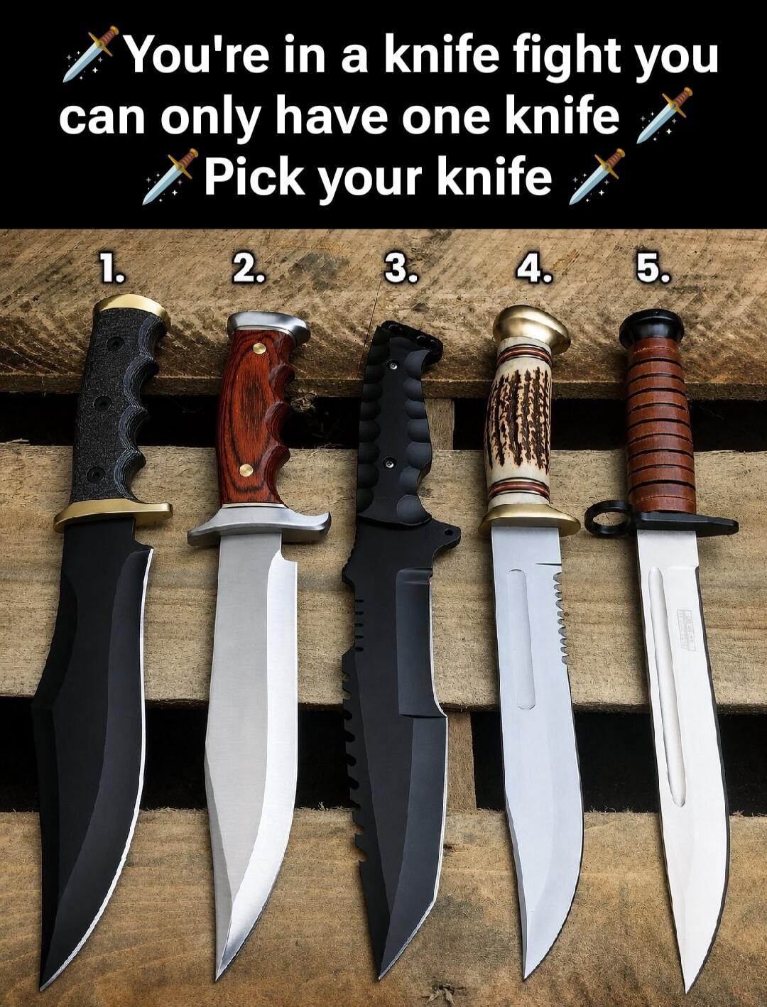 You're in a knife fight you can only have one knife Pick your knife 1. 2. 3. 4. 5.
