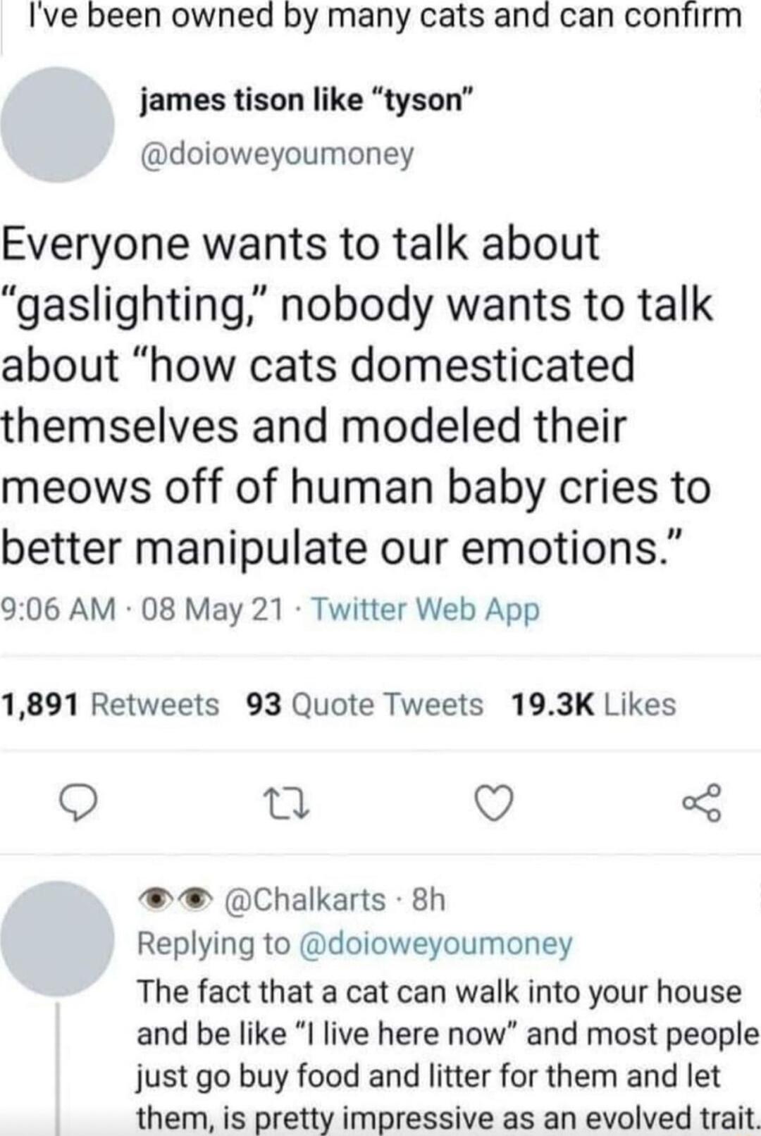 Ive been owned by many cats and can confirm james tison like tyson doioweyoumoney Everyone wants to talk about gaslighting nobody wants to talk about how cats domesticated themselves and modeled their meows off of human baby cries to better manipulate our emotions 906 AM 08 May 21 Twitter Web App 1891 Retweets 93 Quote Tweets 193K Likes Q u Q Chalkarts 8h Replying to doioweyoumoney The fact that a
