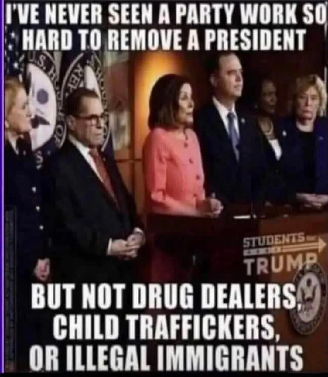 I'VE NEVER SEEN A PARTY WORK SO HARD TO REMOVE A PRESIDENT BUT NOT DRUG DEALERS, CHILD TRAFFICKERS, OR ILLEGAL IMMIGRANTS