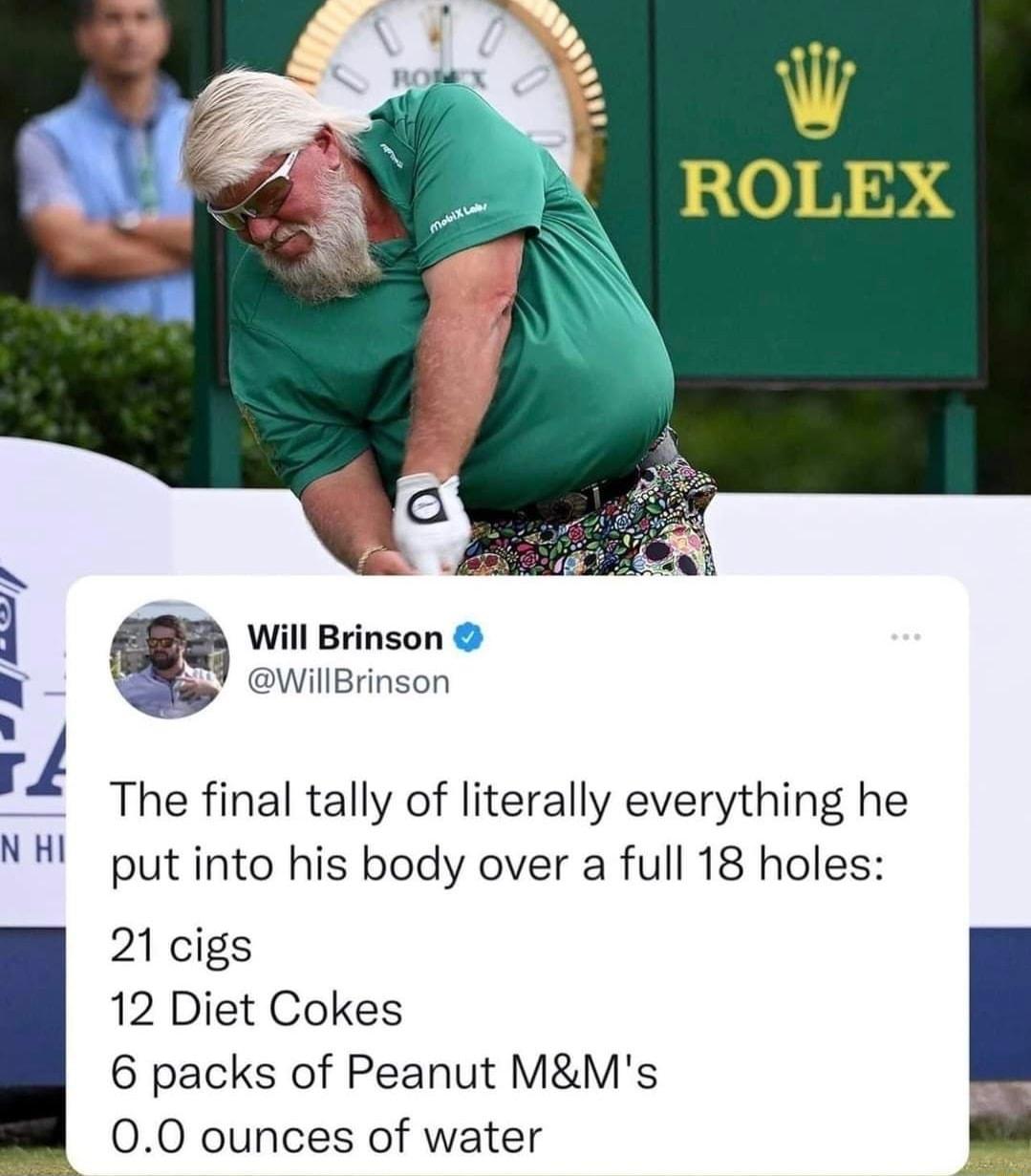 g i Will Brinson 2 WillBrinson r The final tally of literally everything he NH put into his body over a full 18 holes 21 cigs 12 Diet Cokes 6 packs of Peanut MMs 00 ounces of water