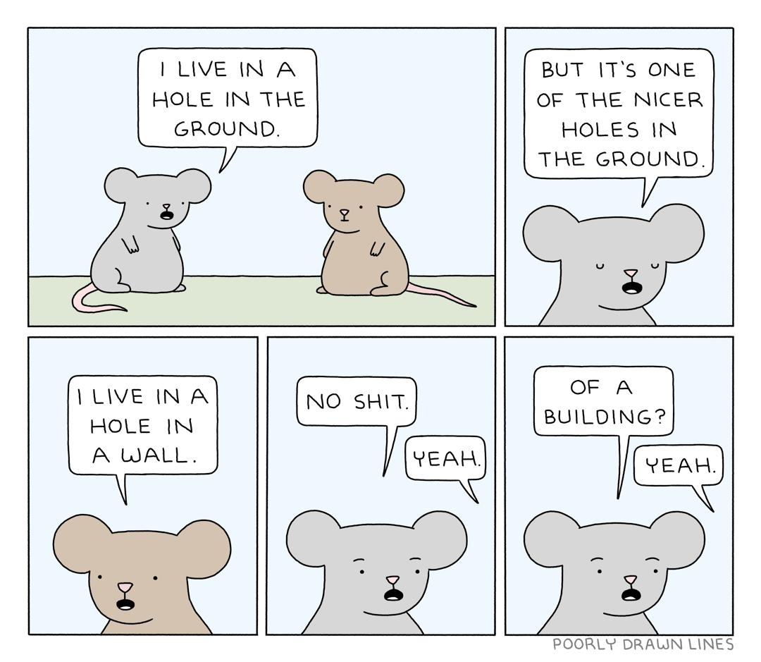 I LIVE IN A HOLE IN THE GROUND BUT ITs ONE OF THE NICER HOLES 1N THE GROUND VLIVE INA HOLE IN A WALL oF A BUILDING T ORANNES