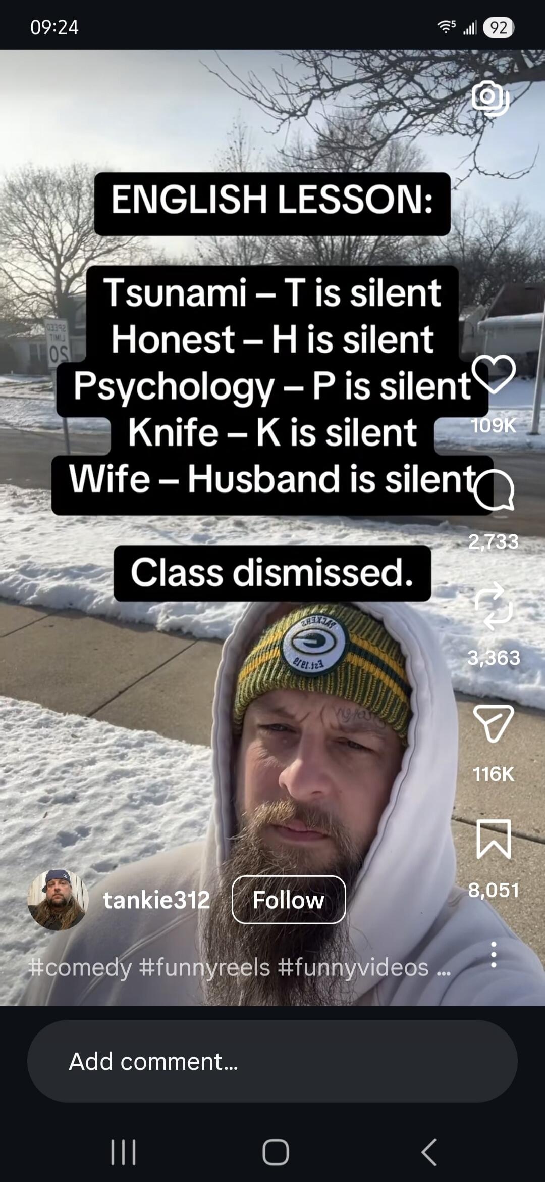 ENGLISH LESSON: Tsunami – T is silent Honest – H is silent Psychology – P is silent Knife – K is silent Wife – Husband is silent Class dismissed.