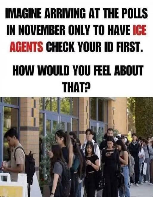IMAGINE ARRIVING AT THE POLLS IN NOVEMBER ONLY TO HAVE ICE AGENTS CHECK YOUR ID FIRST. HOW WOULD YOU FEEL ABOUT THAT?