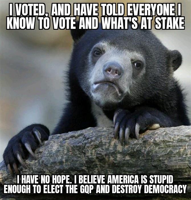 IWIIIEIIIIIDHWE T ETITE KNOWTOVOTE ANDWHATSRTSTAKE cedl IMVE NO HOPE BELIEVE AMERICA IS STUPID ENOUGH T0 ELECT THE GOP AND DESTROY DEMOCRACY