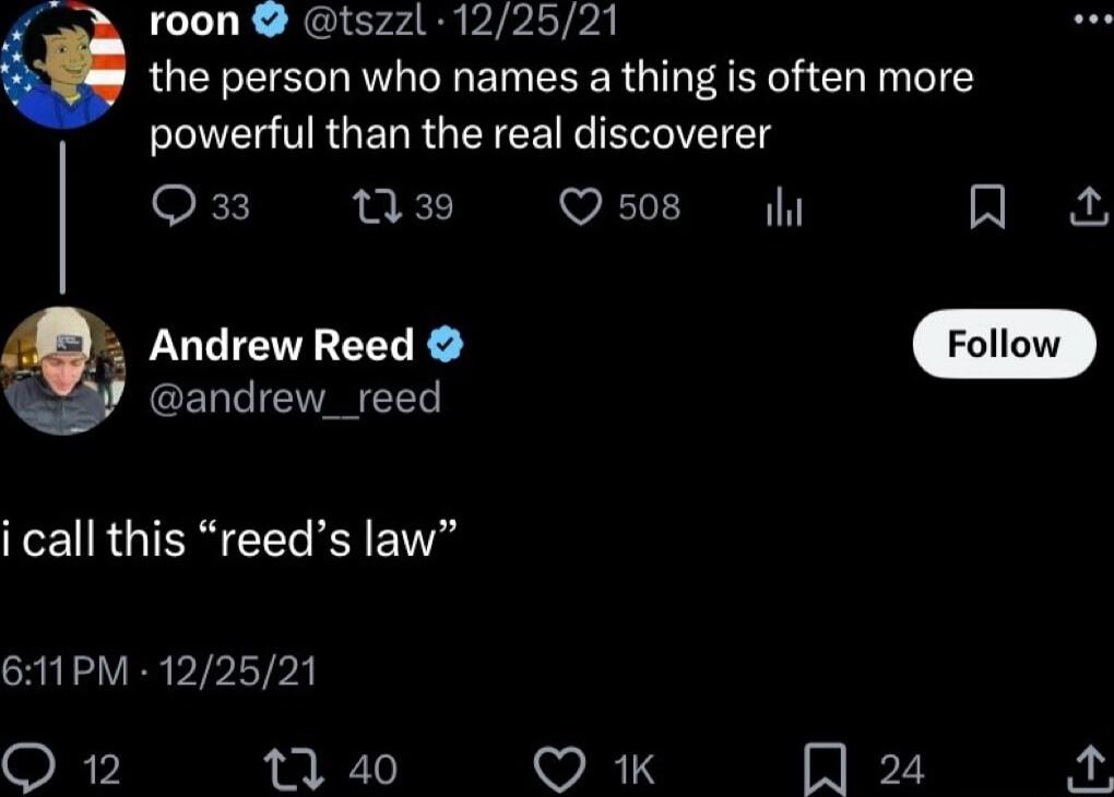 roon tszzl 122521 the person who names a thing is often more powerful than the real discoverer Q3 W3 Osms A GELLIEVANEED Rl RGISNCEL R I 611PM 122521 QO 12 1 40 WAET3 24 Andrew Reed W