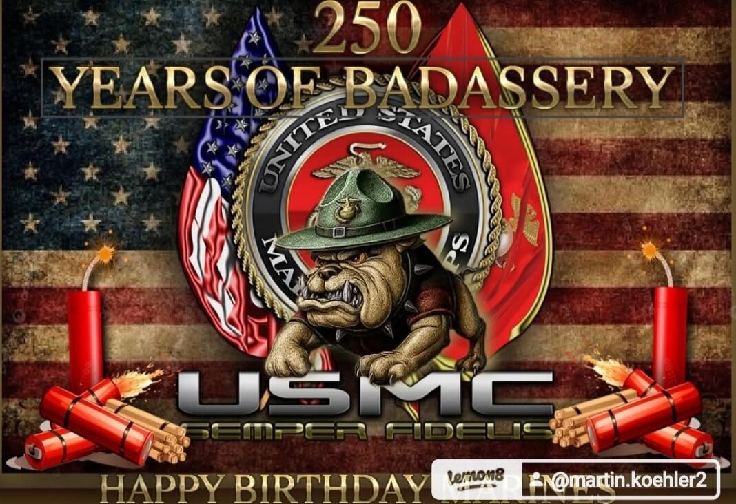 250 YEARS OF BADASSERY
HAPPY BIRTHDAY
[imagery: bulldog in a helmet with a United States flag background, crossed red torpedo-like objects, circular seal; text appears to say USMC / USMC emblem]