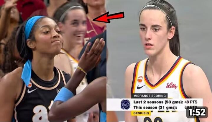 MIDRANGE SCORING Last 2 seasons (53 gms): 48 PTS This season (31 gms): 66 PTS GENIUSIQ Lilly. The image shows two female basketball players, one with a determined expression and another with a serious look, with on-screen statistics highlighting a player's improved midrange scoring.