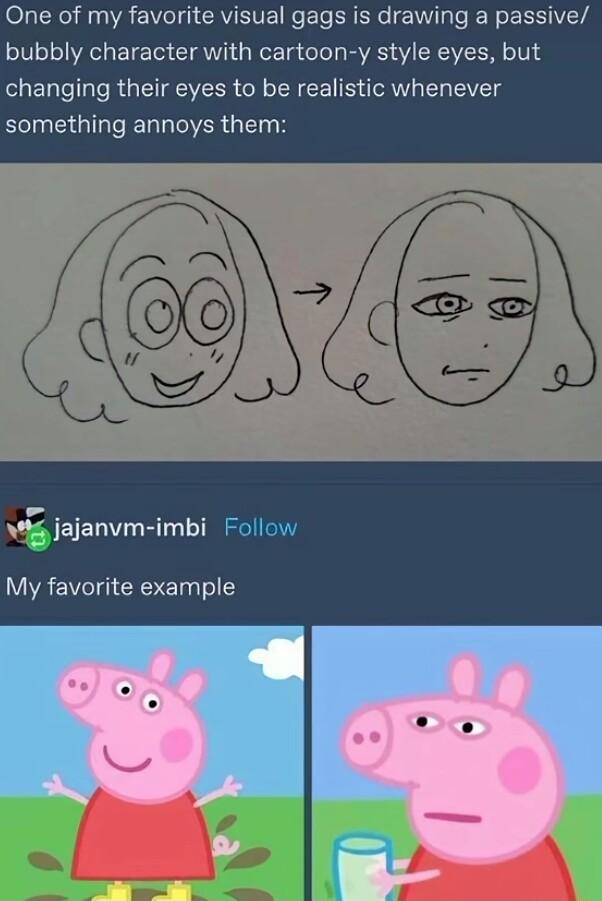 One of my favorite visual gags is drawing a passive bubbly character with cartoon y style eyes but changing their eyes to be realistic whenever BTN QI IER T IOVER TN 2 jajanvm imbi Follow My favorite example