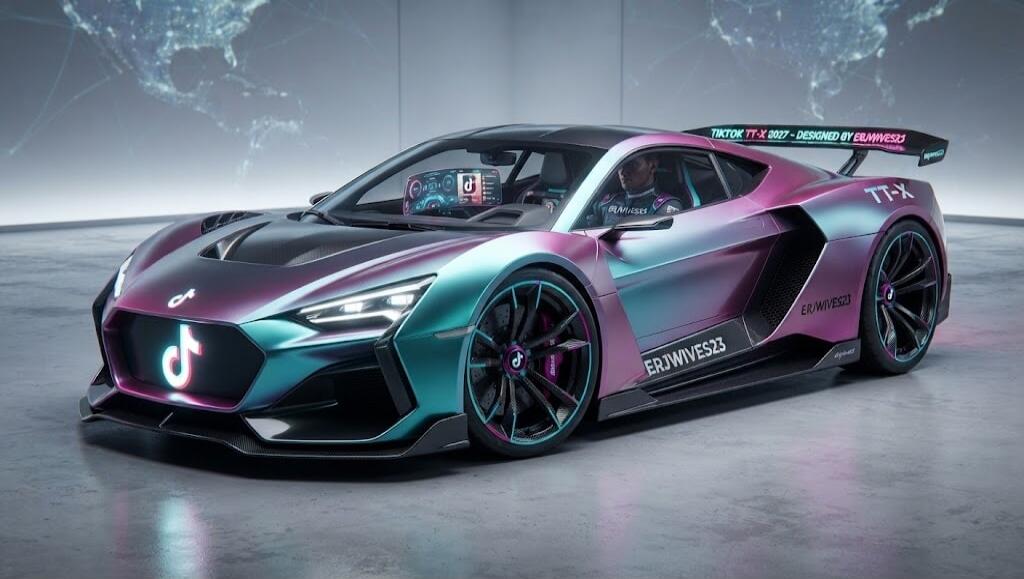 TIKTOK TT-X 2027 - DESIGNED BY ERJWIVES23. TT-X. ERJWIVES23. RUMAGES. A futuristic concept car with TikTok branding.