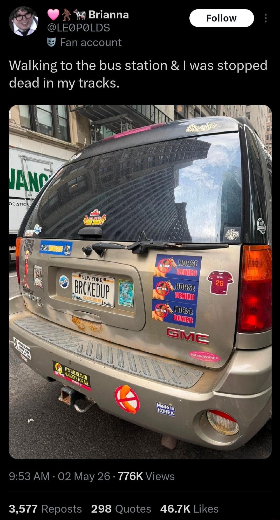 Walking to the bus station & I was stopped dead in my tracks. NEW YORK BRCKEDUP. HORSE DENIER. NOT REAL. IT'S THE BEAVER NUGGETS FOR ME. Made in KOREA. BLUE MOON. StandWithPP. VT CRANE 26. Satan. HORSE MANOSTRY?! I'M WITH STUPID.