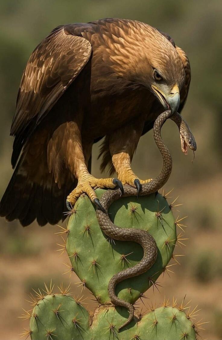 A large brown raptor perched on a cactus, gripping and swallowing a snake with its beak and talons.